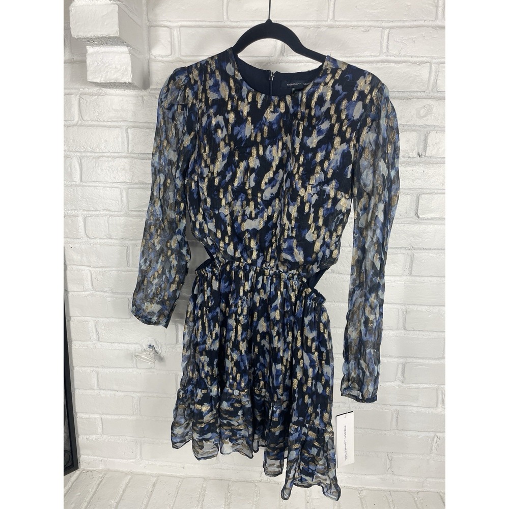 New French Connection metallic print mini dress Size 2 blue gold party holiday